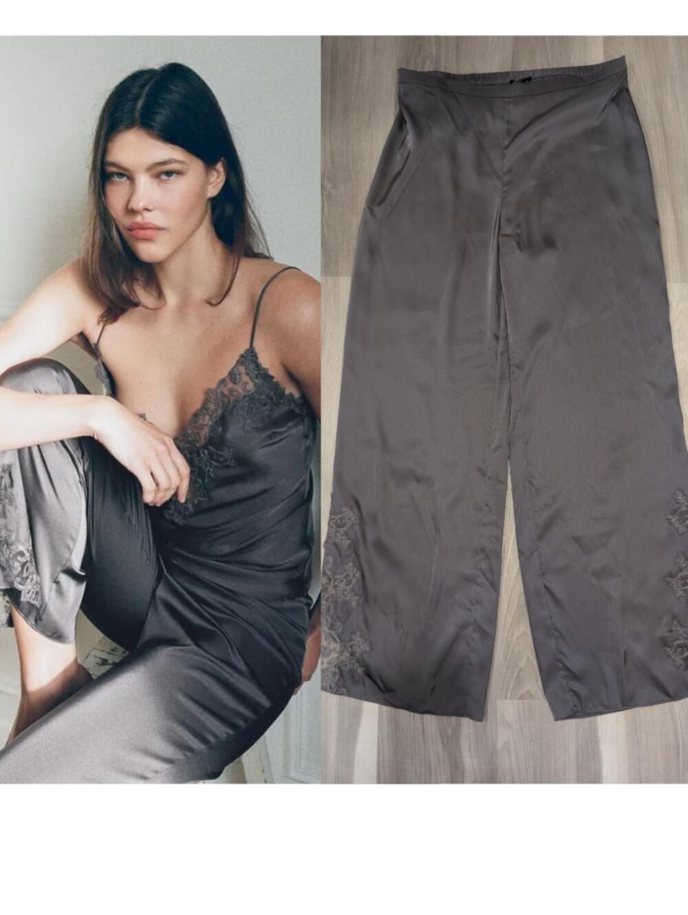Zara | Satin Lace Hem Wide Leg Lingerie Pants In Grey